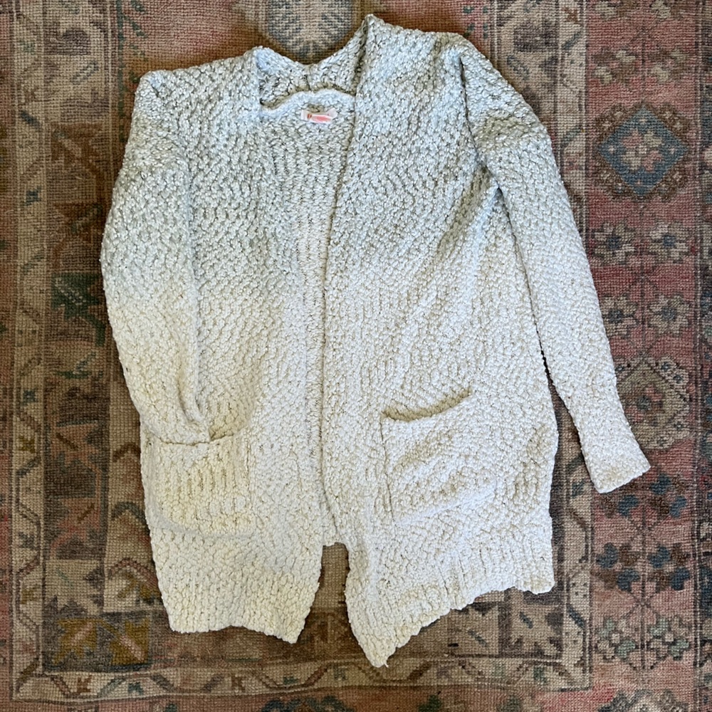 Gray To Cream Ombré Open Front Cardigan With Gold Thread Accent